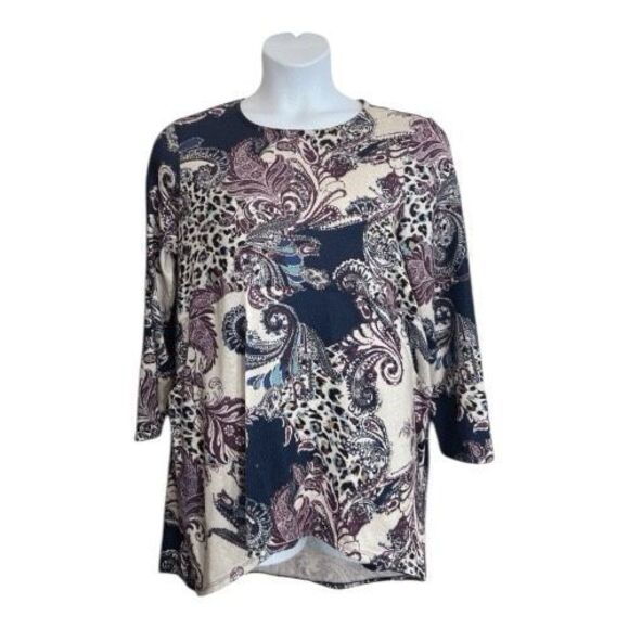 Chico’s Long Sleeve Top Tunic Size 2 (Large) Purple Paisley Print Side Pockets - Picture 2 of 12